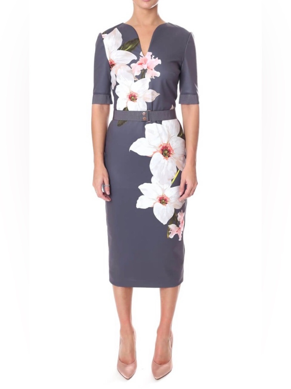Ted Baker Charcoal Midi Dress with White Floral Print